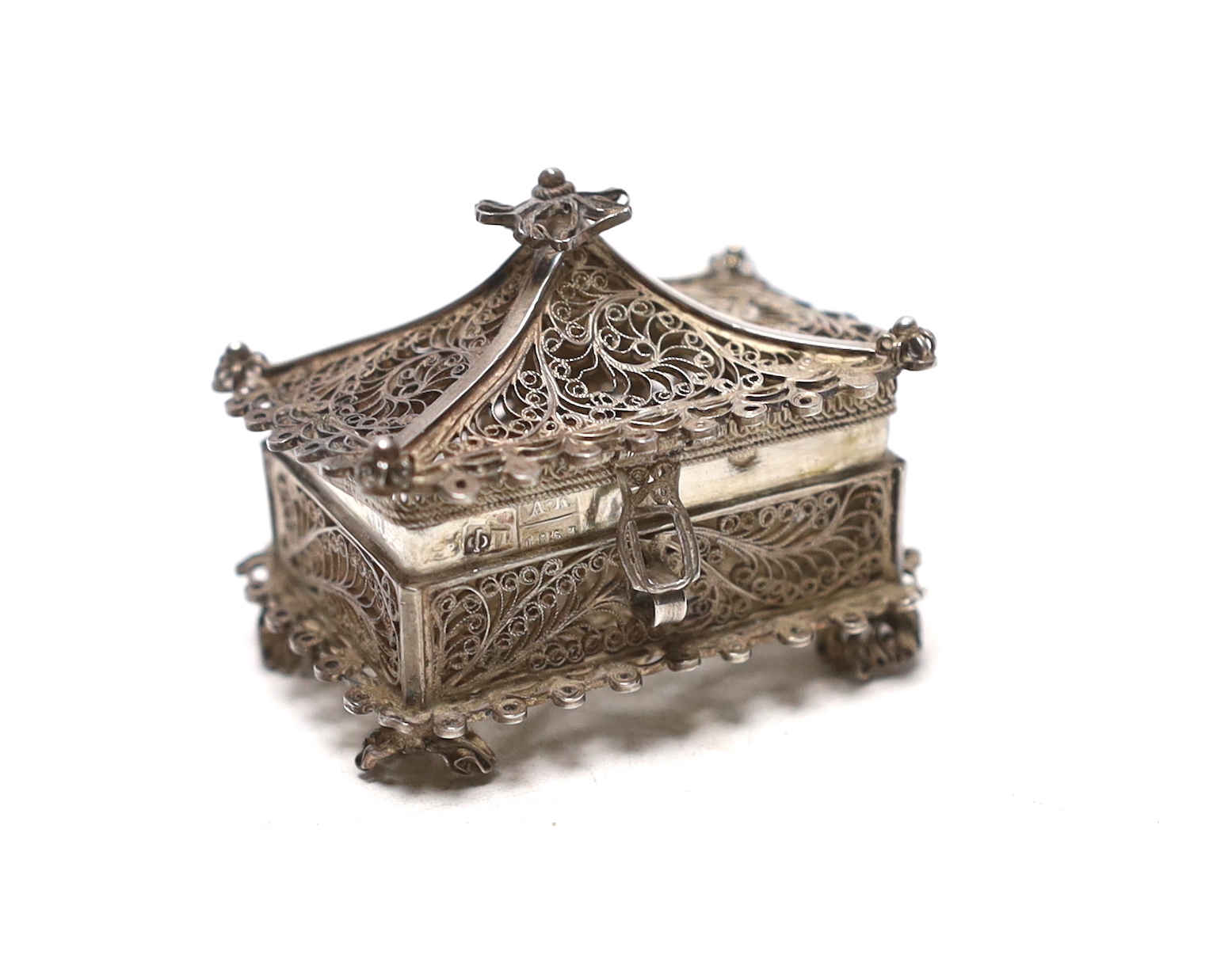 A mid 20th century Russian 91 zolotnik filigree miniature casket, assay master Alexai Kulikov?, Moscow, 1853, 47mm.